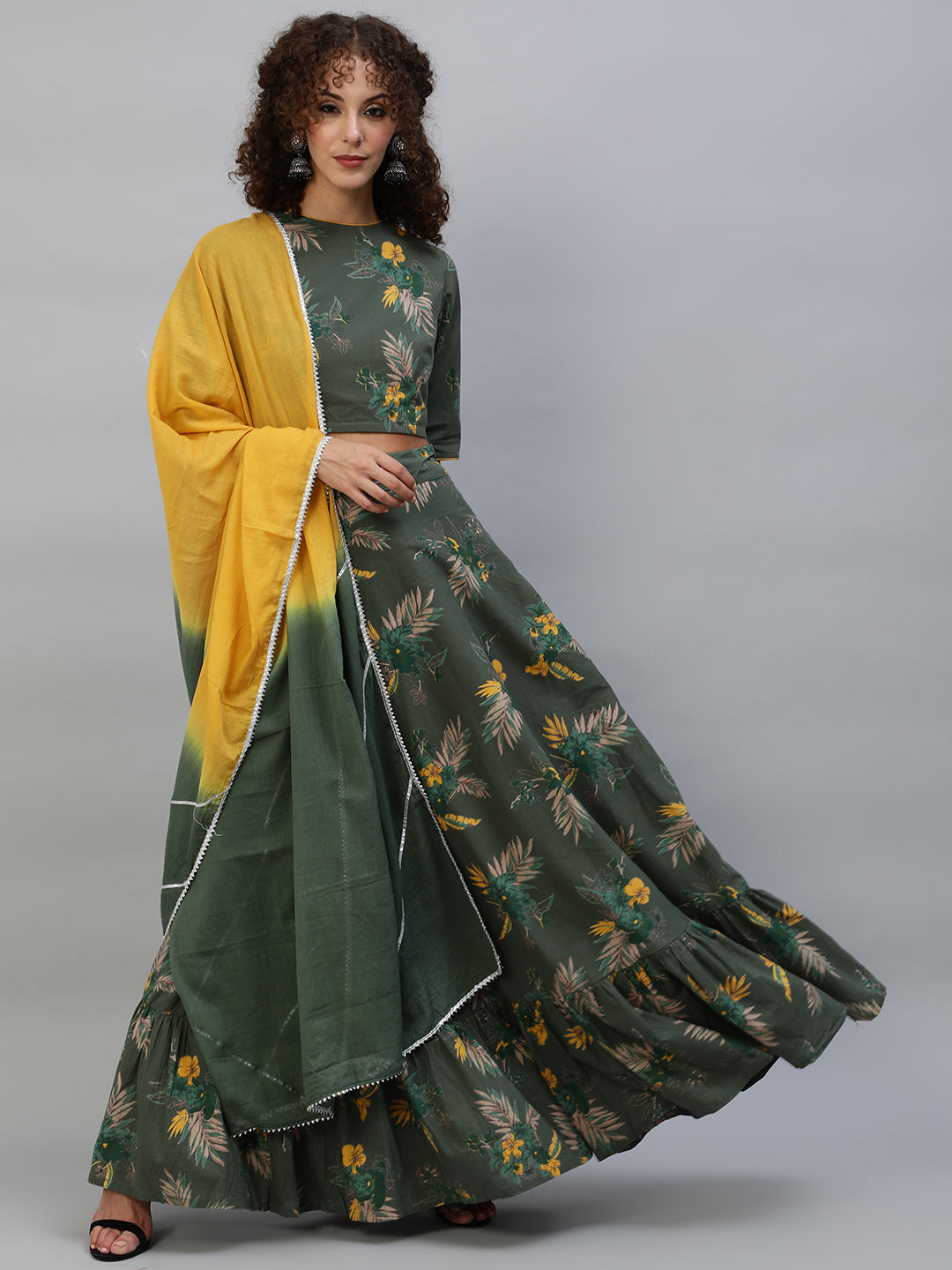 Green Floral Print Lehenga Choli With Dupatta - Elganza