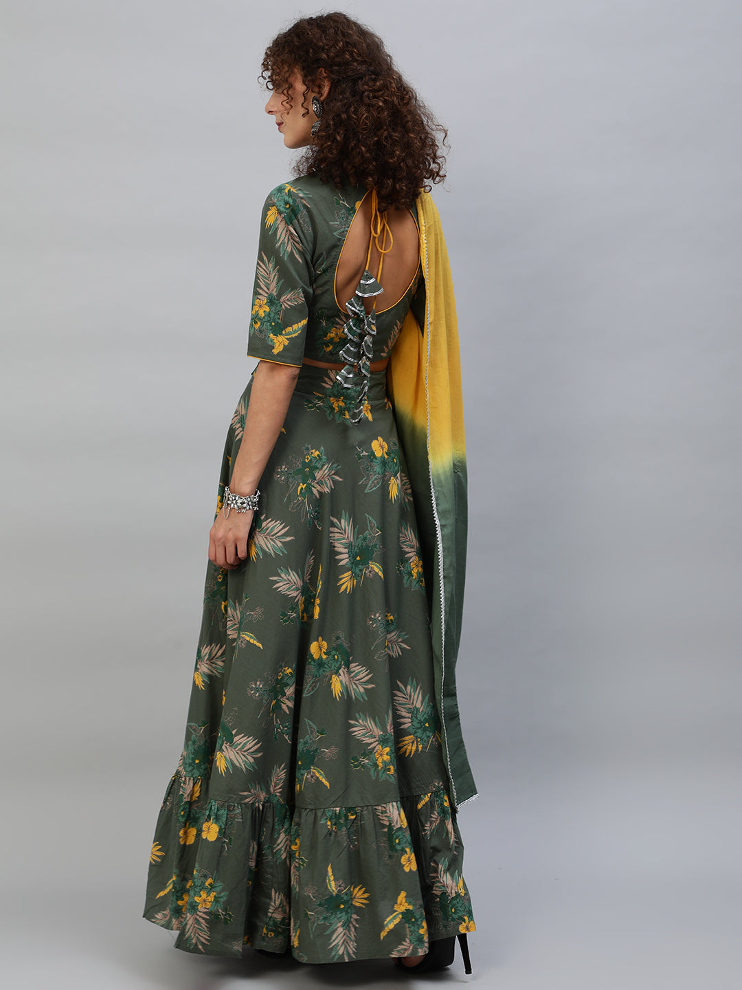 Green Floral Print Lehenga Choli With Dupatta - Elganza