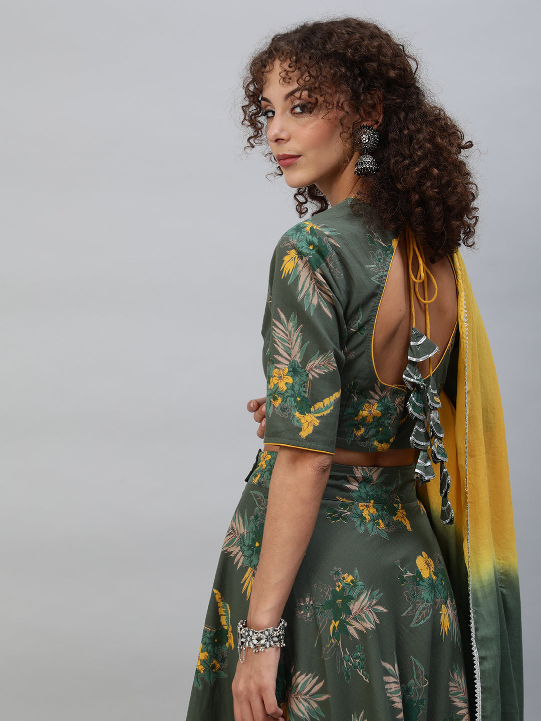 Green Floral Print Lehenga Choli With Dupatta - Elganza