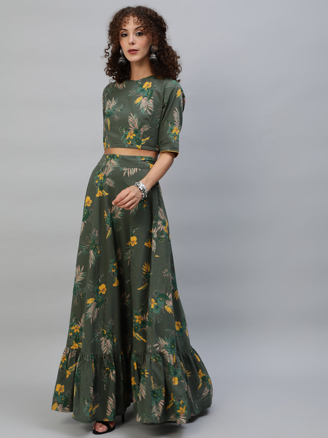 Green Floral Print Lehenga Choli With Dupatta - Elganza