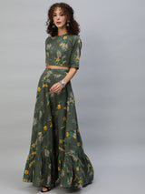 Green Floral Print Lehenga Choli With Dupatta - Elganza