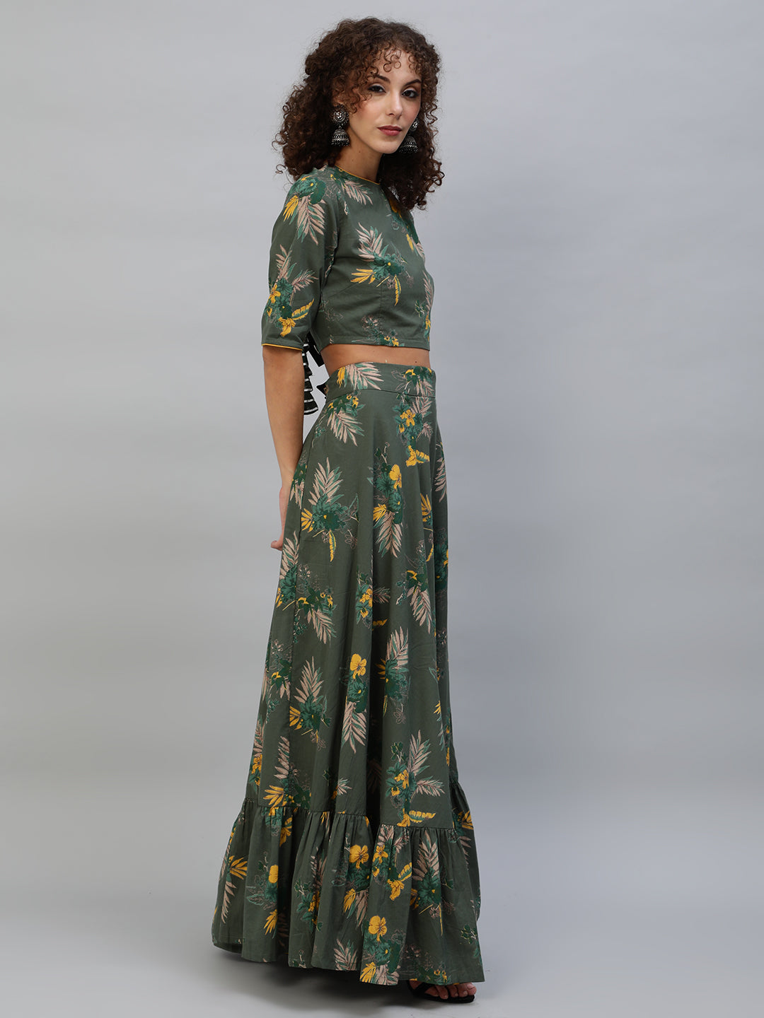 Green Floral Print Lehenga Choli With Dupatta - Elganza