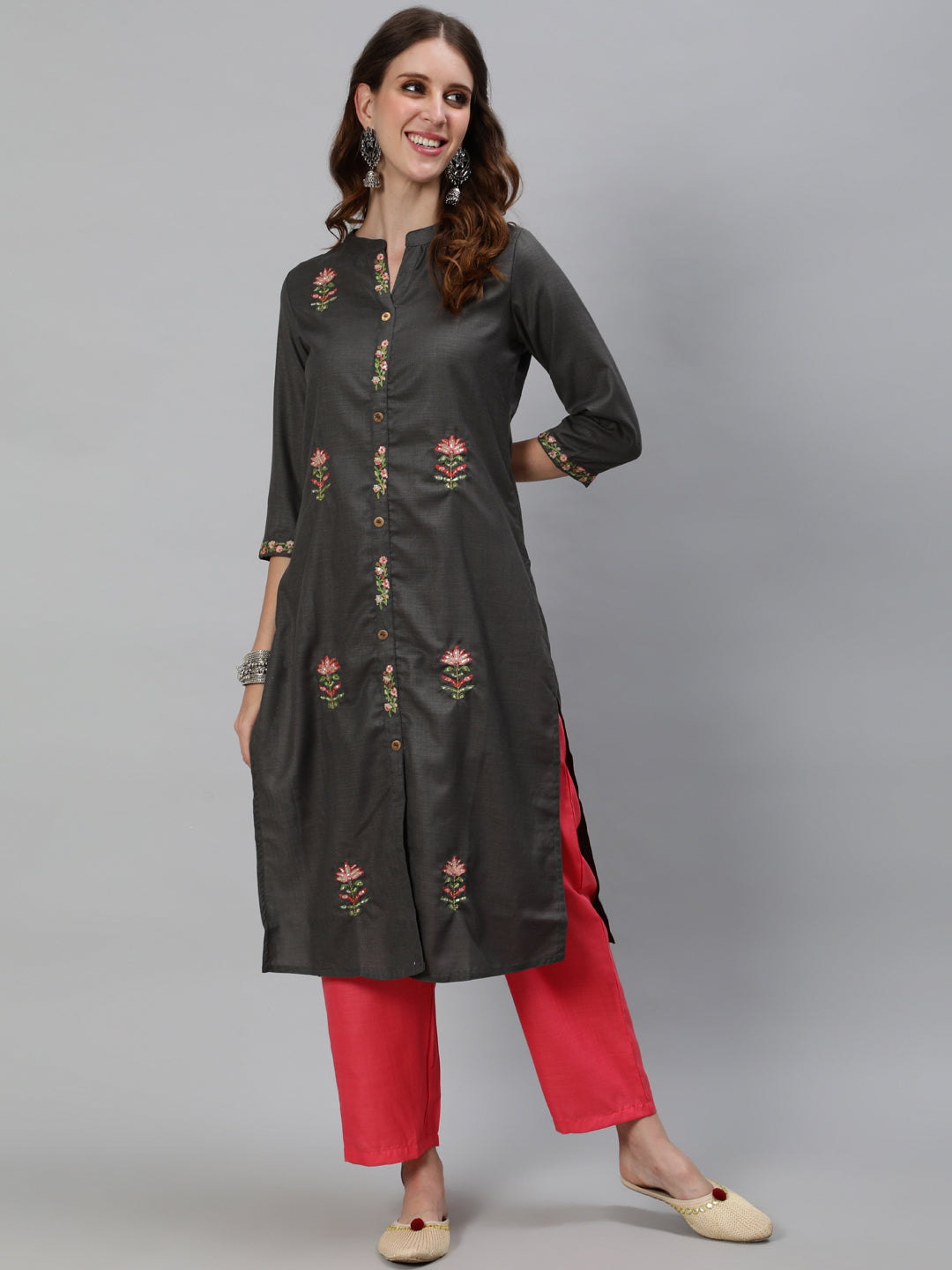 Grey Embroidered Kurta With Pant - Elganza