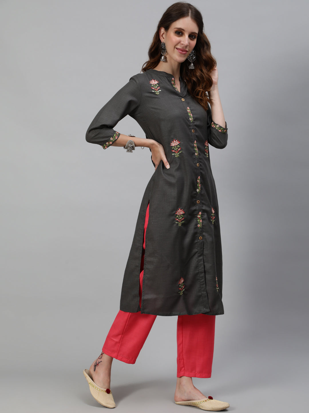 Grey Embroidered Kurta With Pant - Elganza