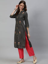 Grey Embroidered Kurta With Pant - Elganza