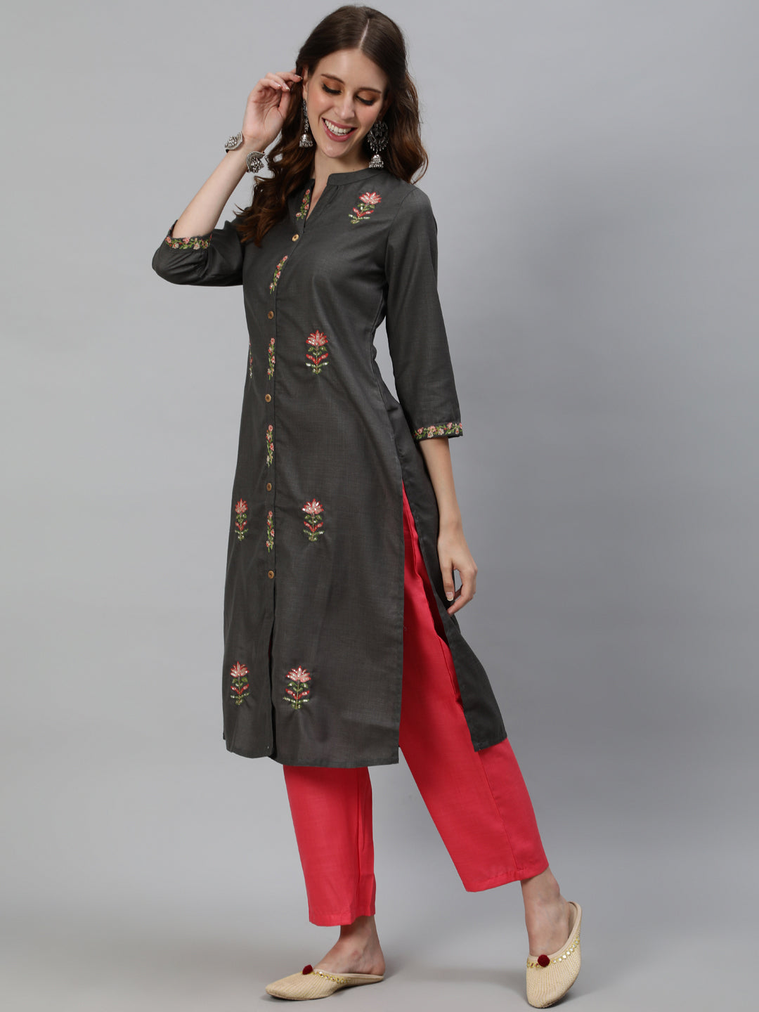 Grey Embroidered Kurta With Pant - Elganza