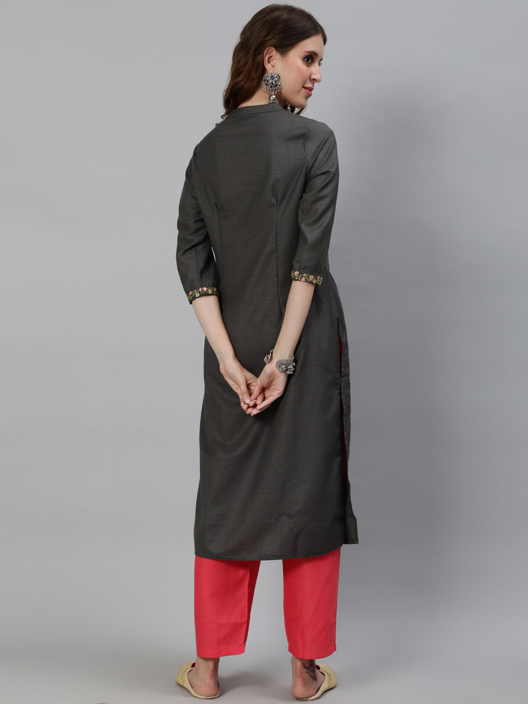 Grey Embroidered Kurta With Pant - Elganza