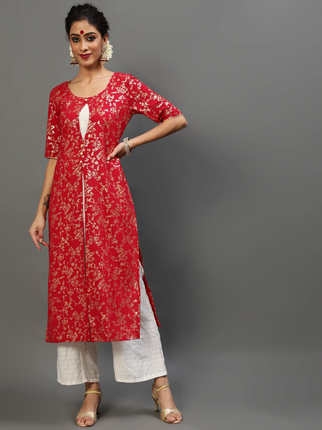 Red Gold Printed Layered Kurta With Palazzo - Elganza