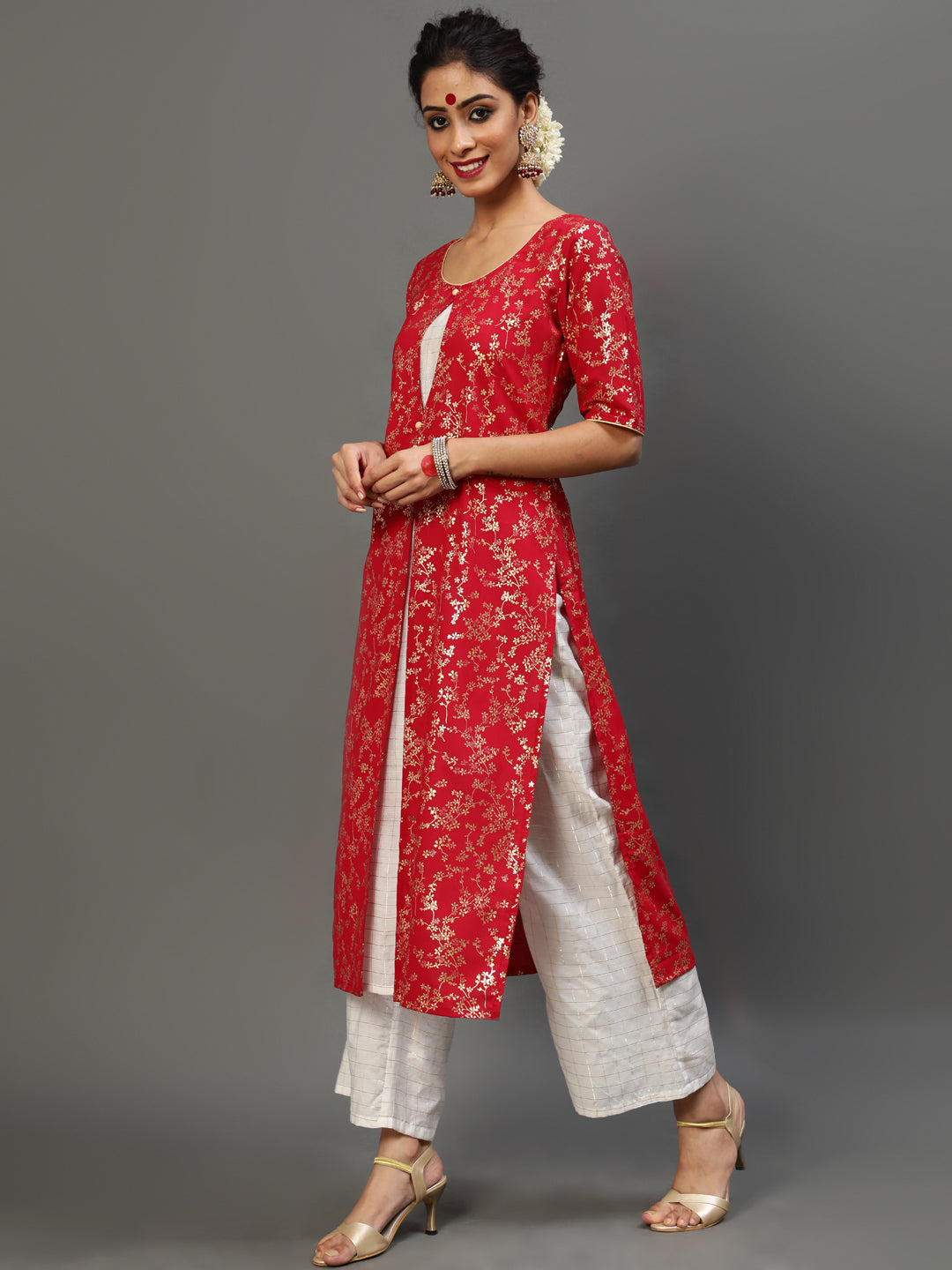 Red Gold Printed Layered Kurta With Palazzo - Elganza