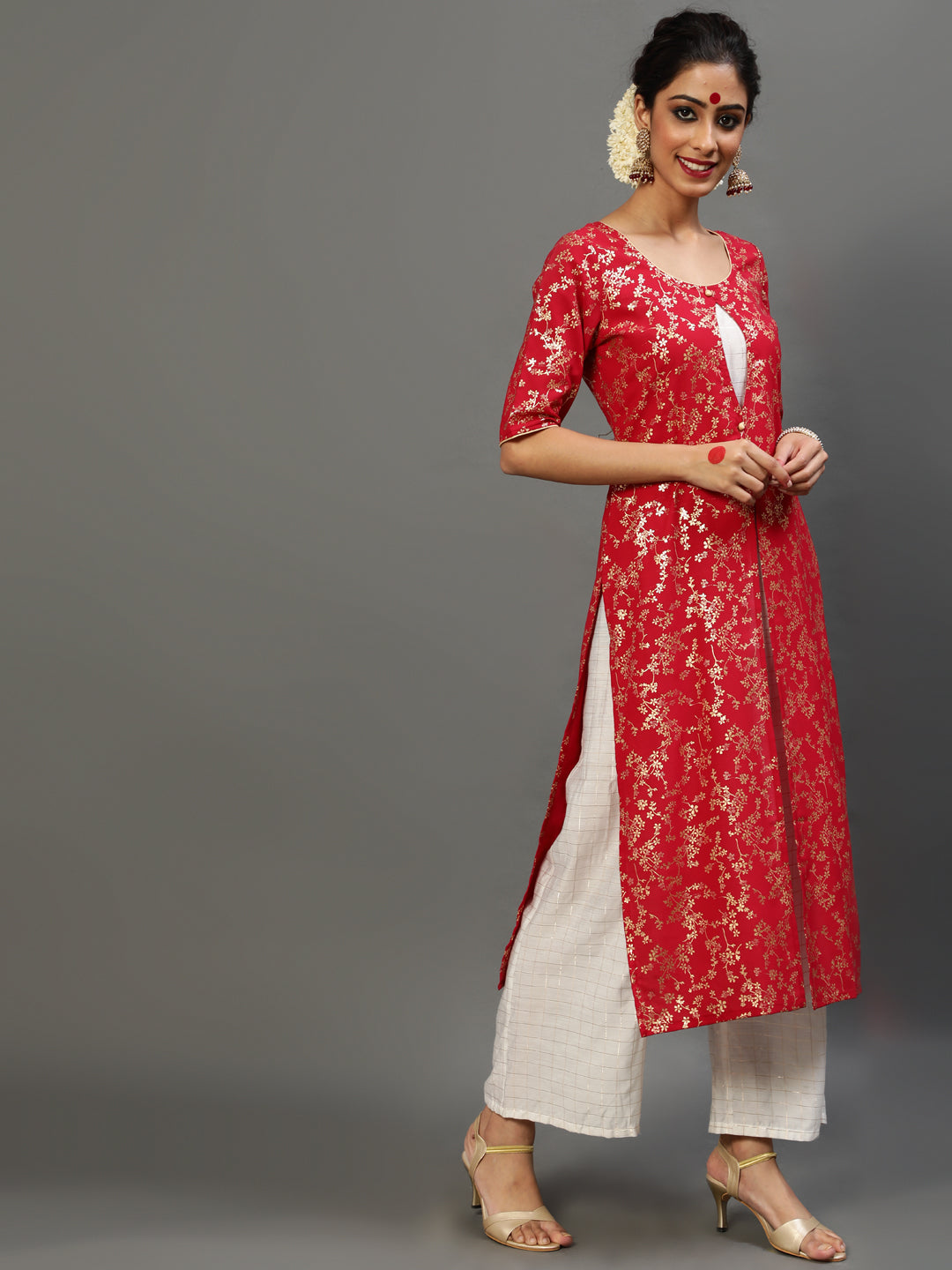 Red Gold Printed Layered Kurta With Palazzo - Elganza