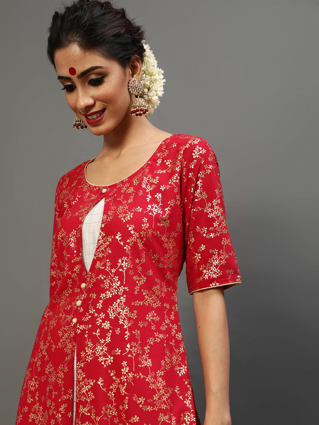 Red Gold Printed Layered Kurta With Palazzo - Elganza