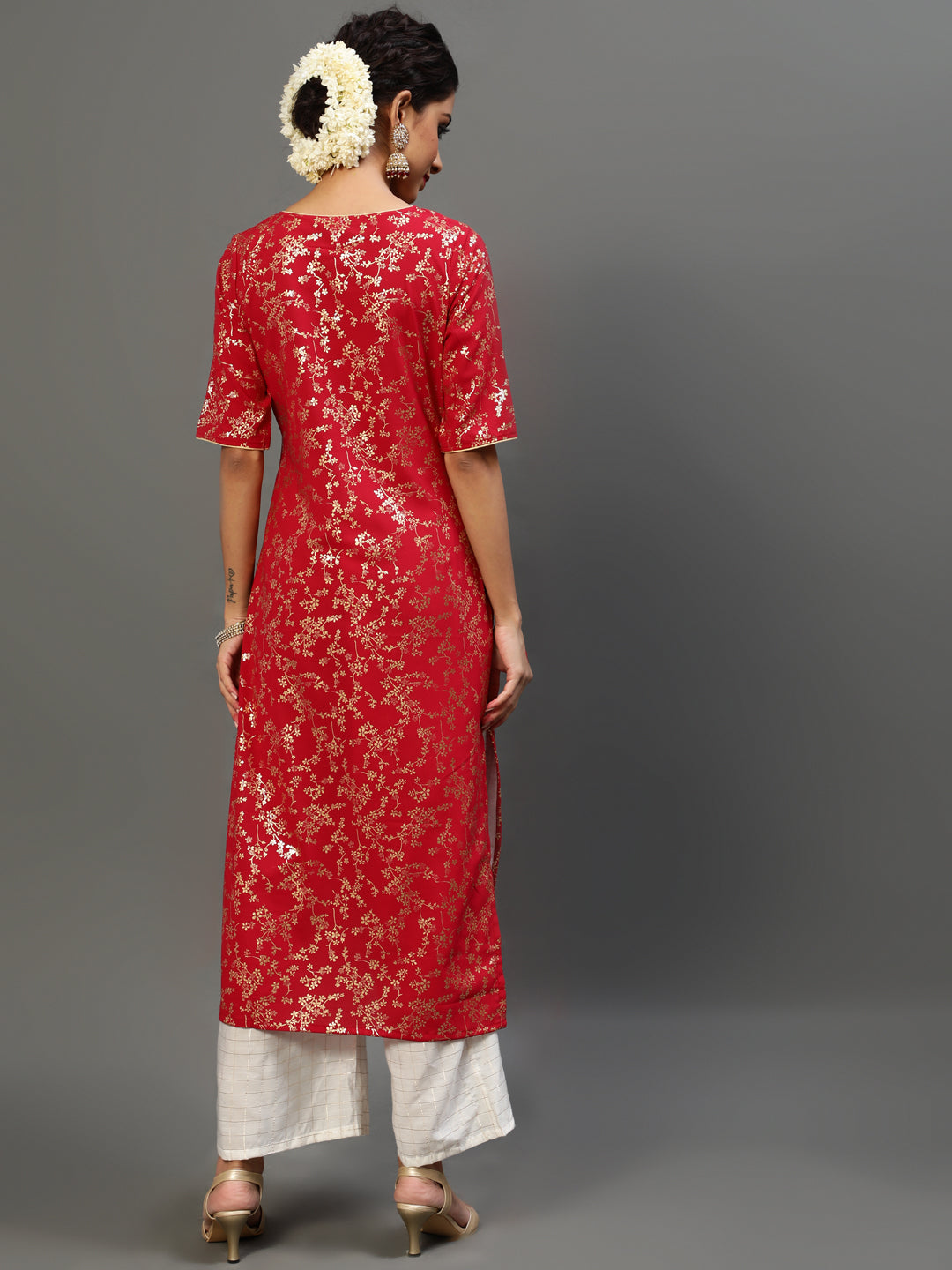 Red Gold Printed Layered Kurta With Palazzo - Elganza