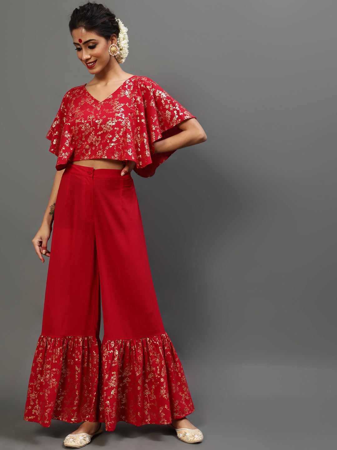 Red Gold Printed Co Ord Set - Elganza