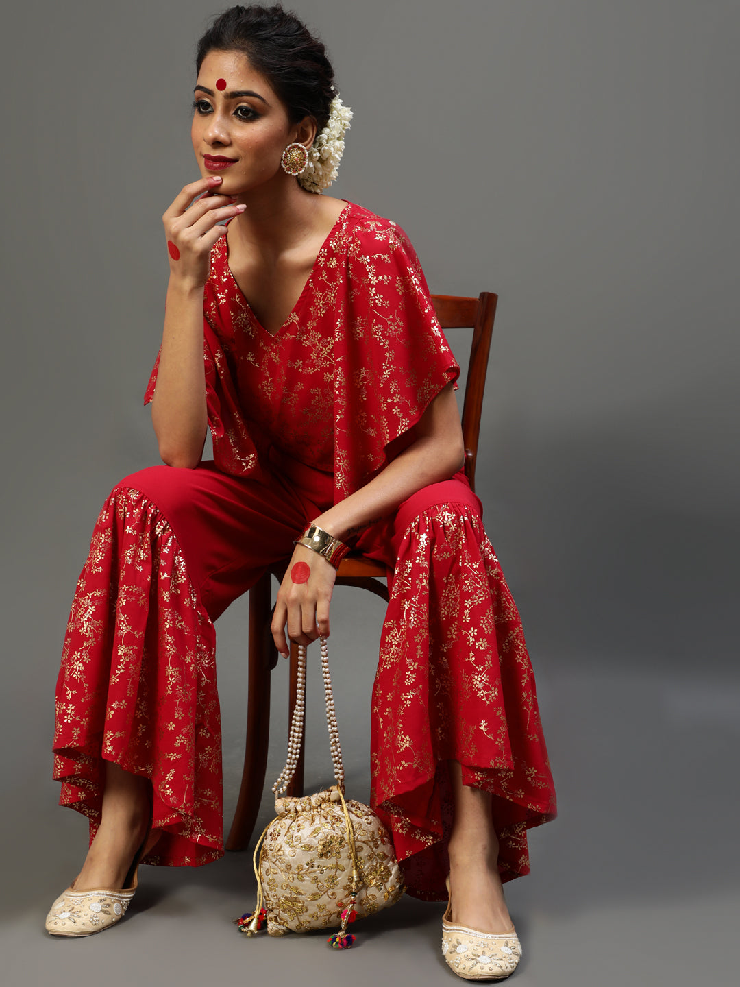 Red Gold Printed Co Ord Set - Elganza