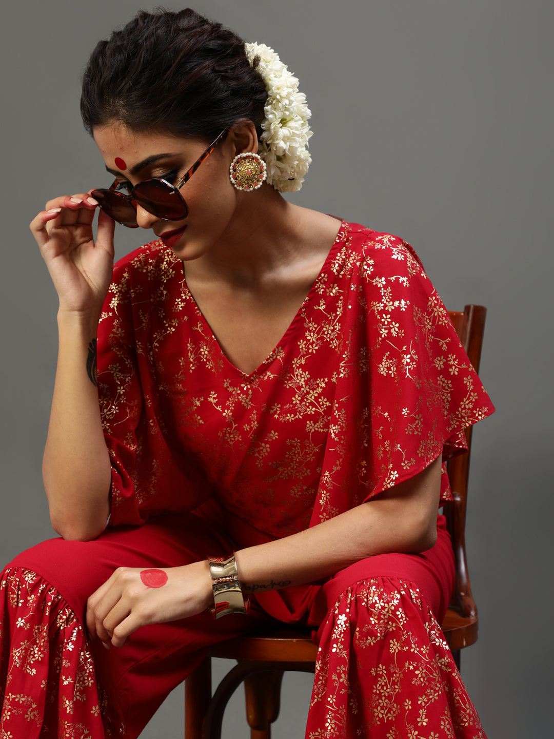 Red Gold Printed Co Ord Set - Elganza