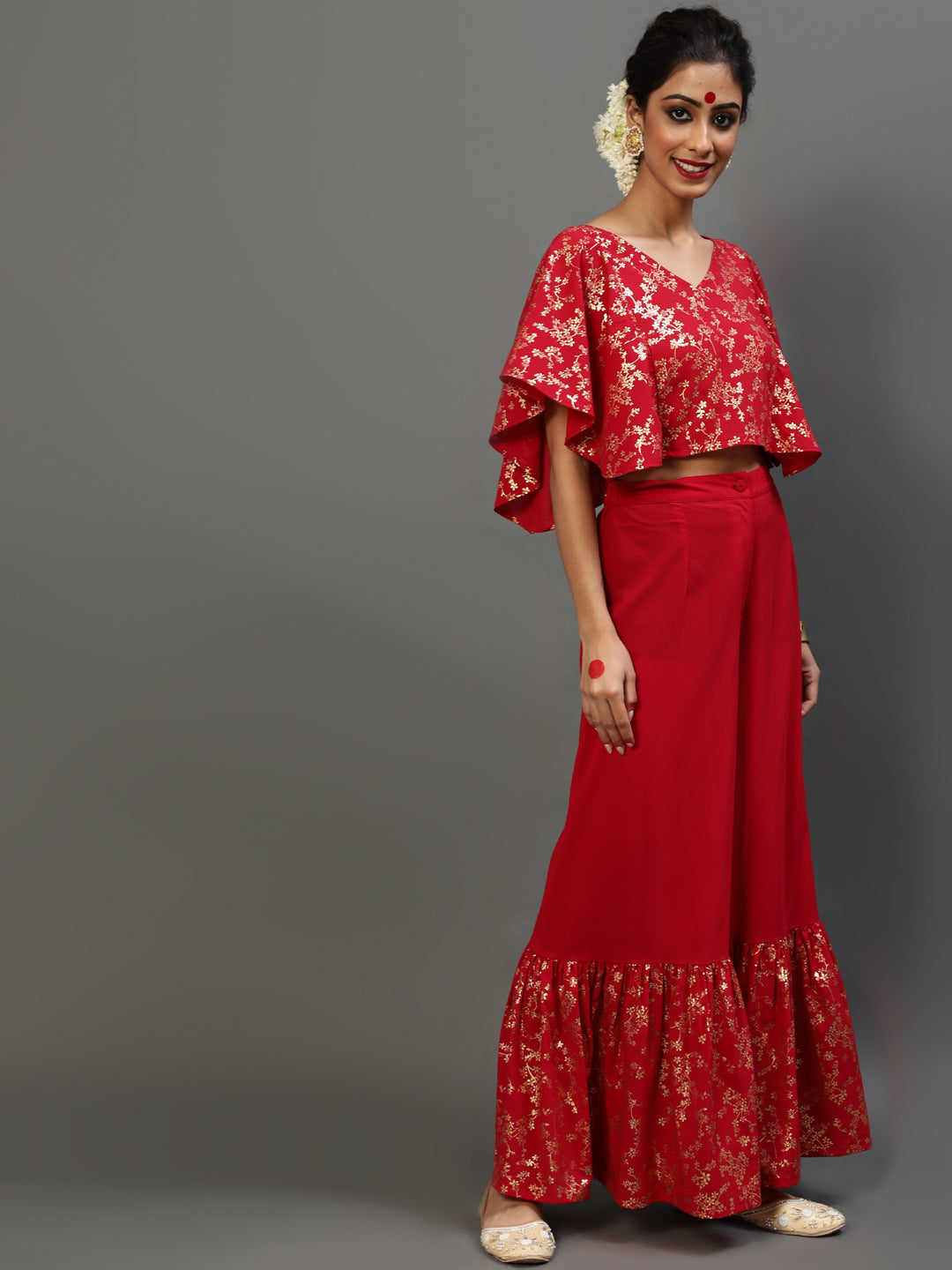 Red Gold Printed Co Ord Set - Elganza