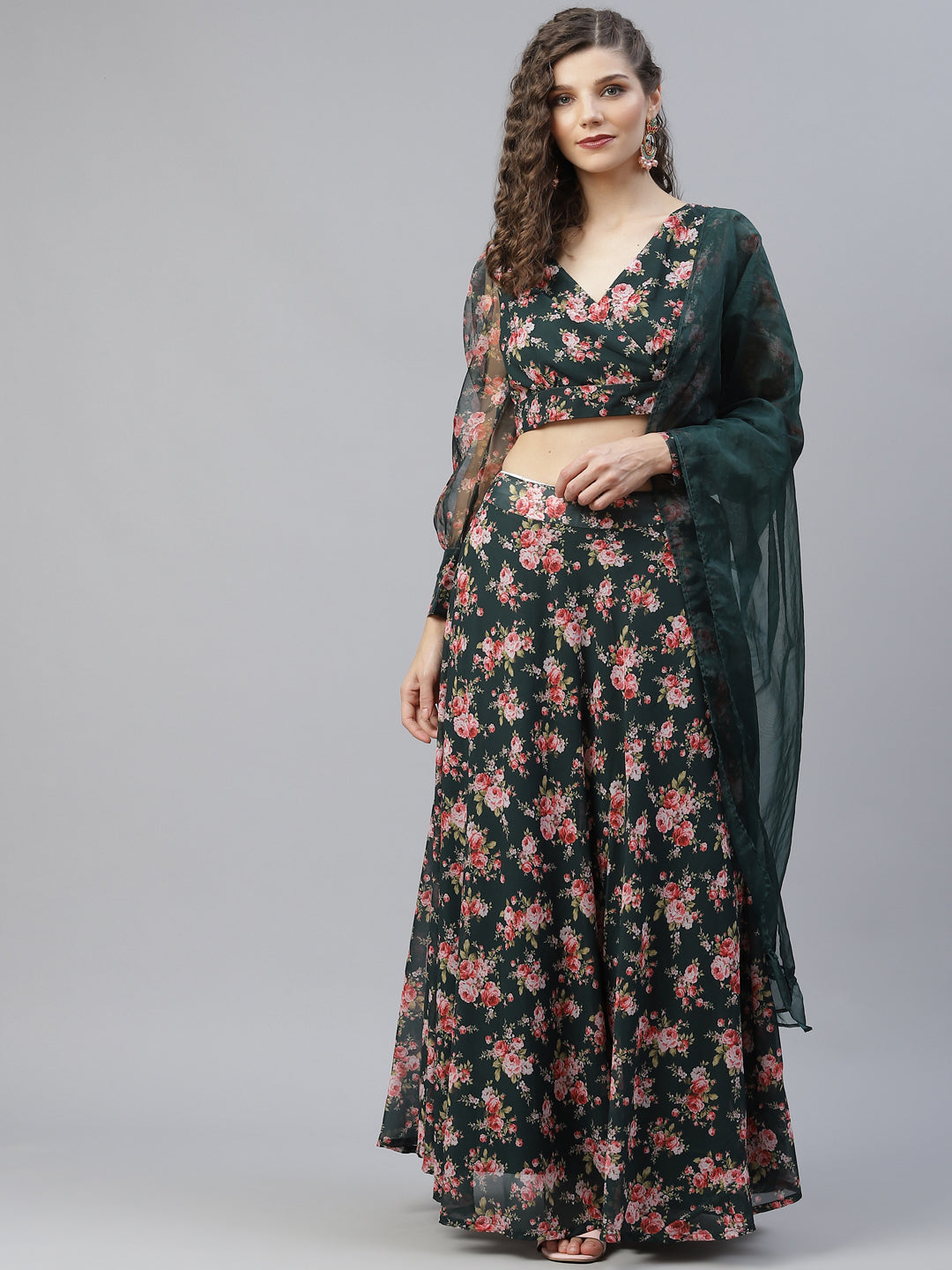 Dark Green Floral Print Lehenga Choli With Dupatta - Elganza