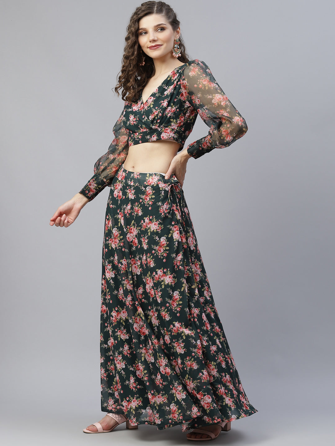 Dark Green Floral Print Lehenga Choli With Dupatta - Elganza