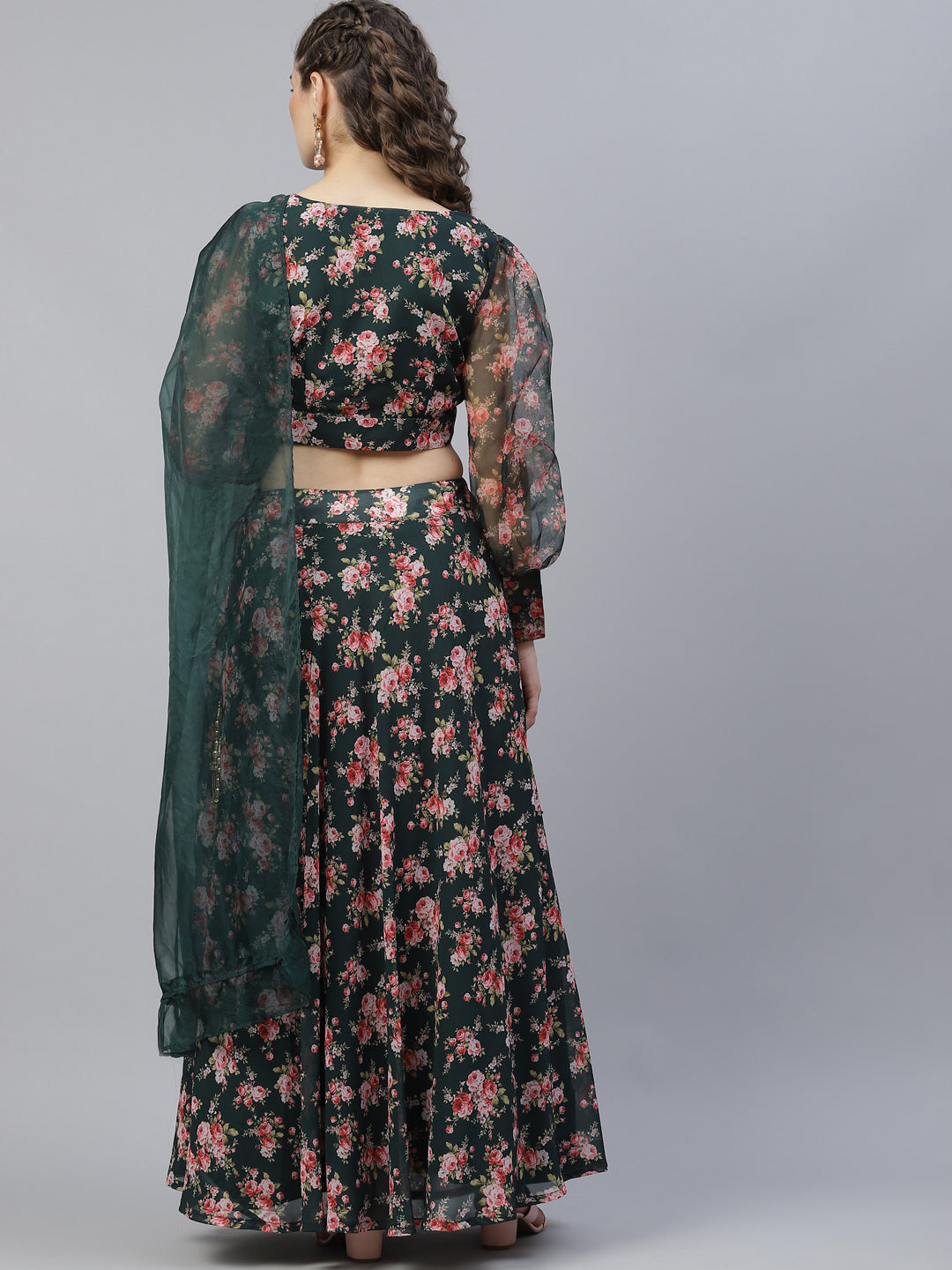 Dark Green Floral Print Lehenga Choli With Dupatta - Elganza