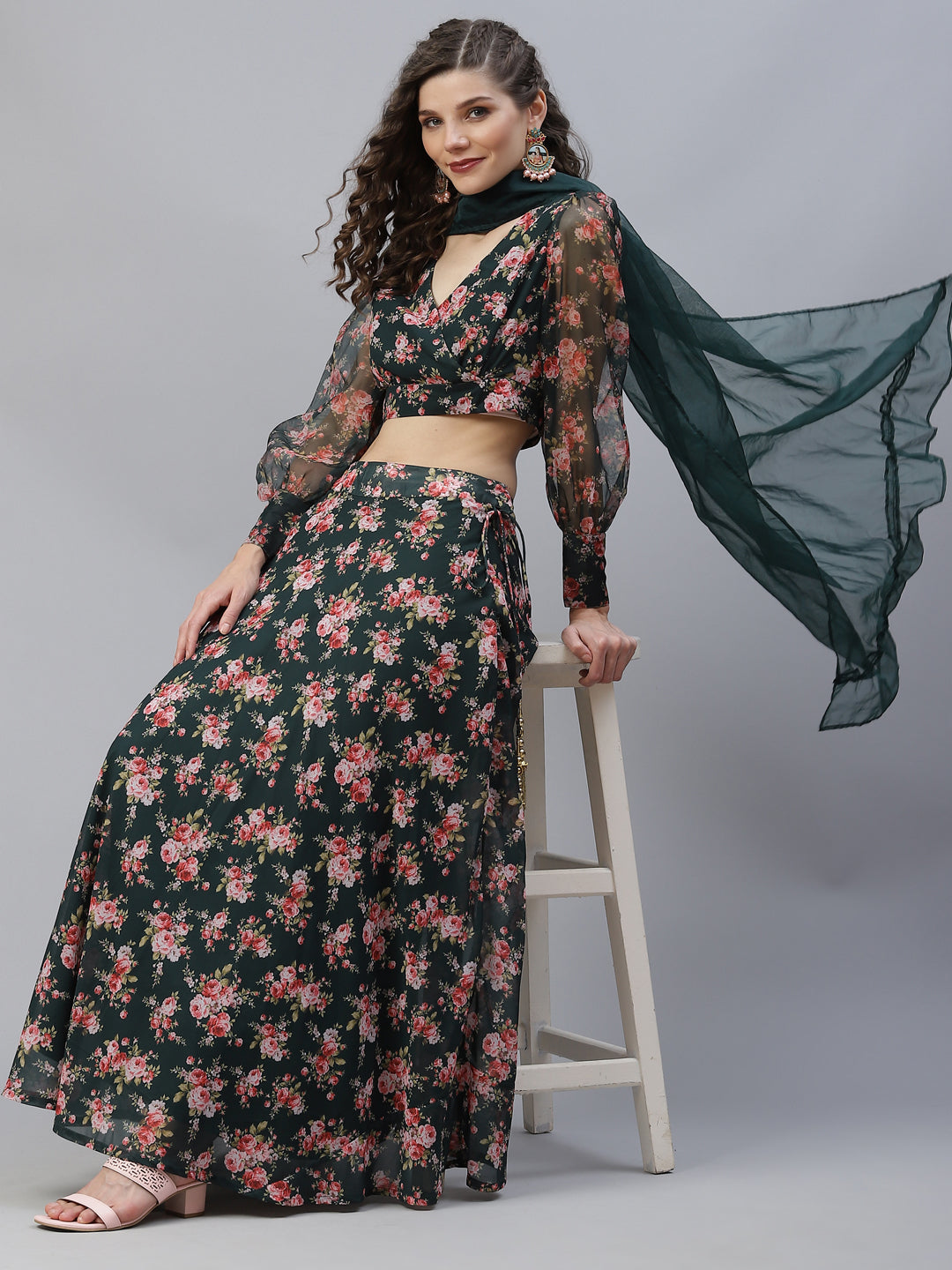 Dark Green Floral Print Lehenga Choli With Dupatta - Elganza