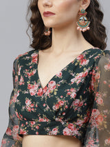 Dark Green Floral Print Lehenga Choli With Dupatta - Elganza