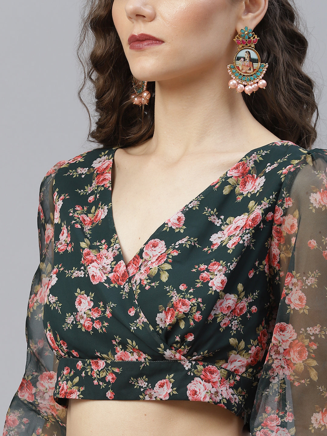 Dark Green Floral Print Lehenga Choli With Dupatta - Elganza
