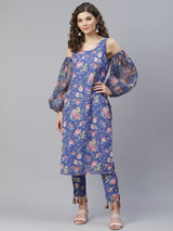 Blue Floral Print Kurta With Pant - Elganza