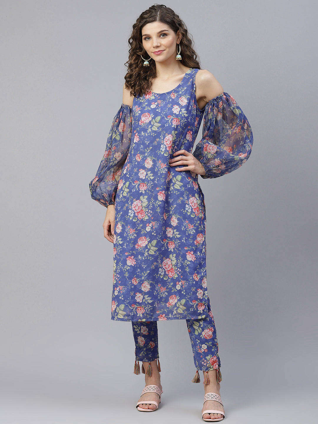 Blue Floral Print Kurta With Pant - Elganza