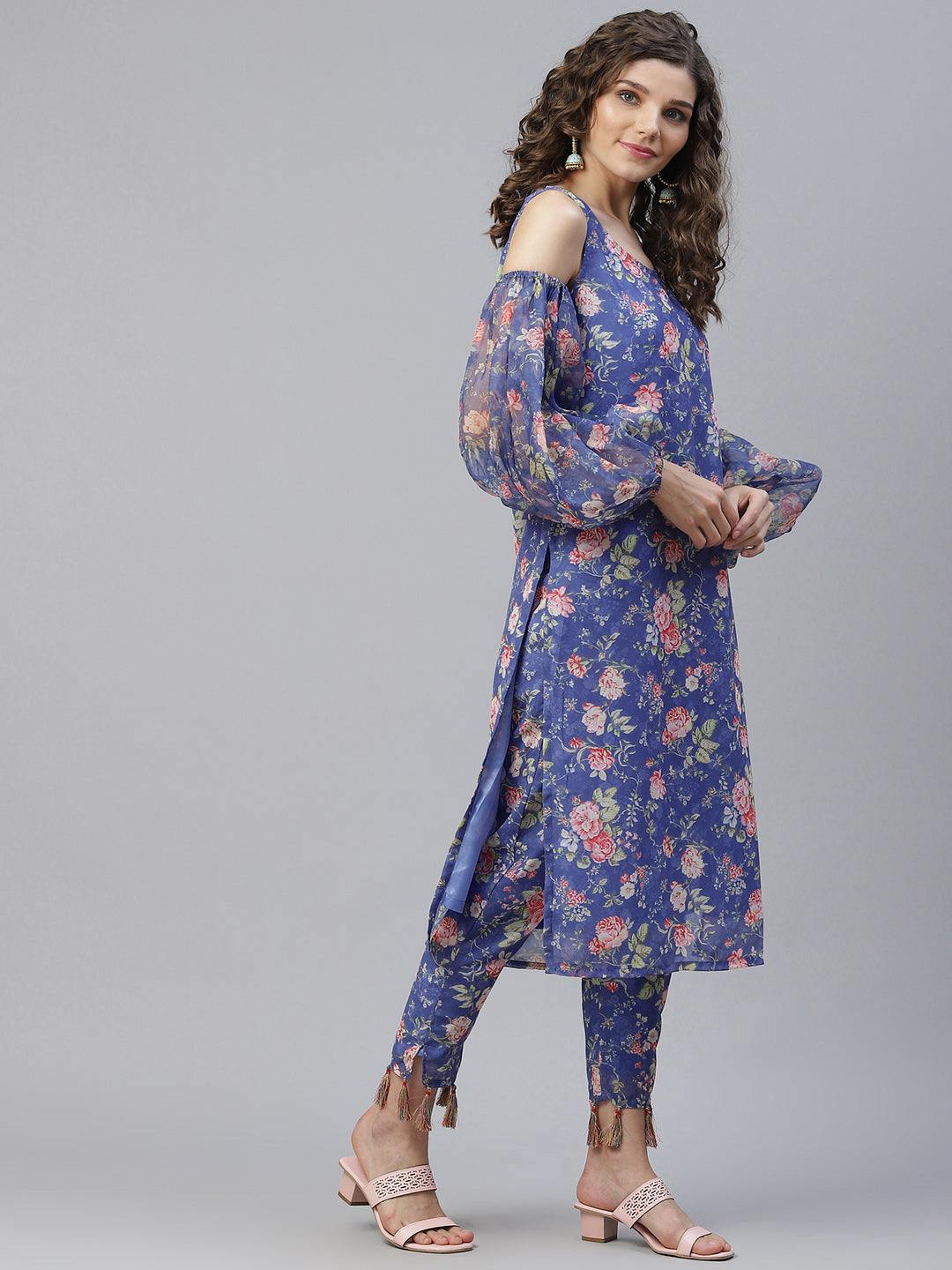 Blue Floral Print Kurta With Pant - Elganza