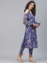 Blue Floral Print Kurta With Pant - Elganza