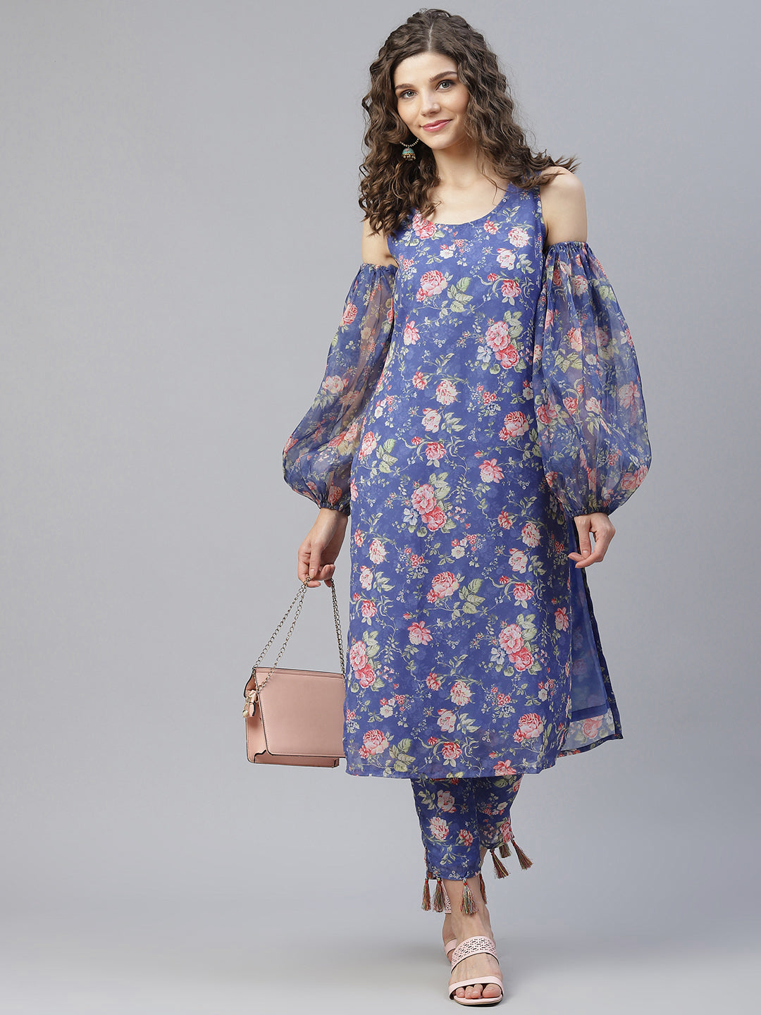 Blue Floral Print Kurta With Pant - Elganza