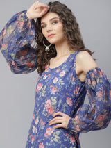 Blue Floral Print Kurta With Pant - Elganza