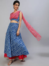 Blue Bandhani Print Lehenga Choli With Attached Dupatta - Elganza