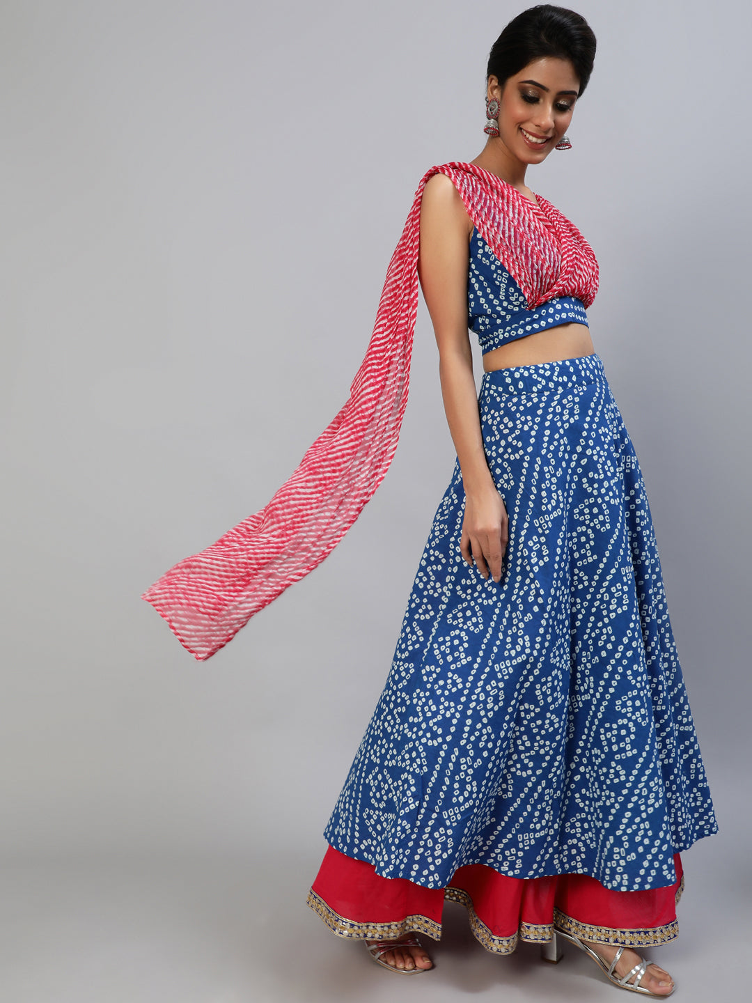 Blue Bandhani Print Lehenga Choli With Attached Dupatta - Elganza