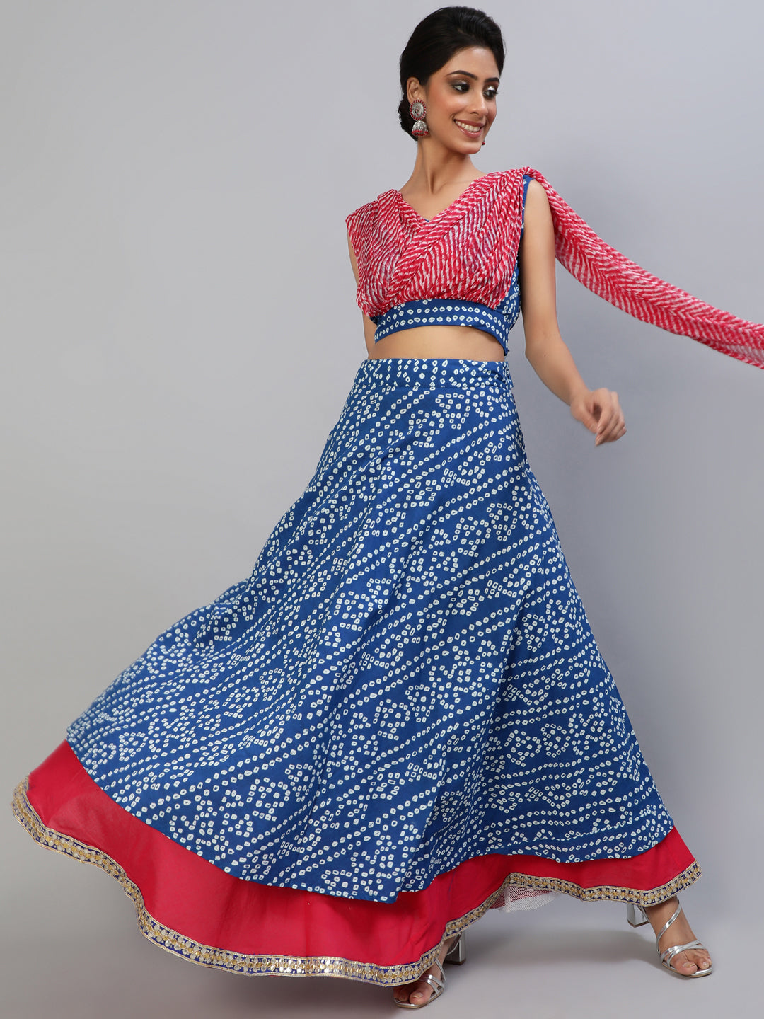 Blue Bandhani Print Lehenga Choli With Attached Dupatta - Elganza