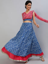 Blue Bandhani Print Lehenga Choli With Attached Dupatta - Elganza