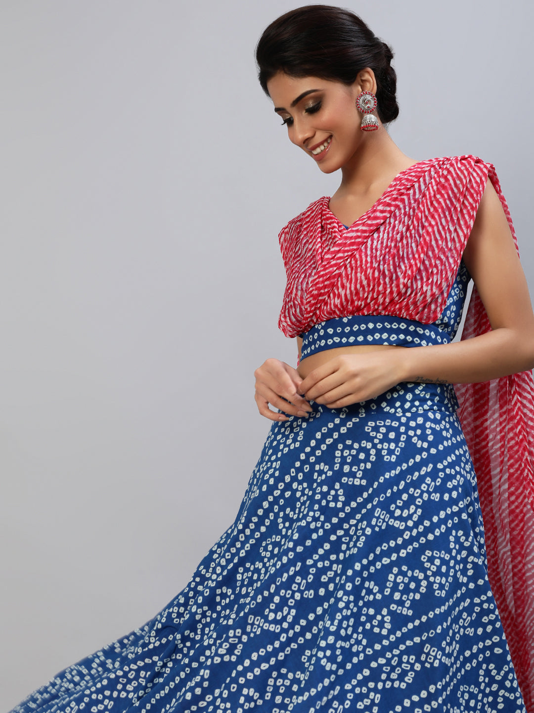 Blue Bandhani Print Lehenga Choli With Attached Dupatta - Elganza
