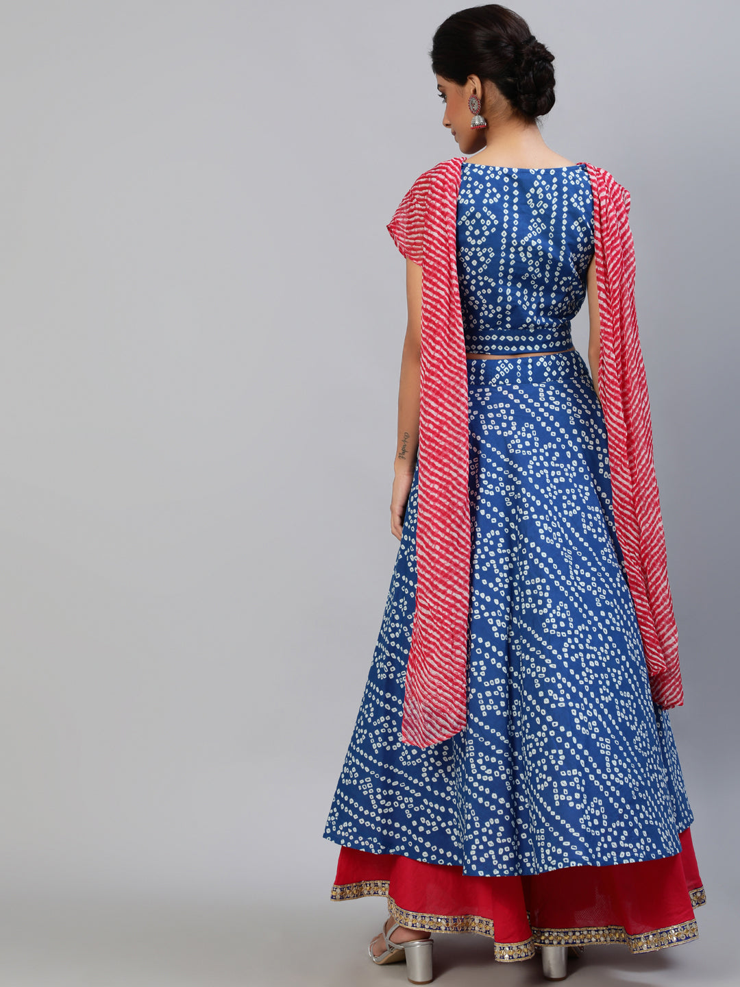 Blue Bandhani Print Lehenga Choli With Attached Dupatta - Elganza
