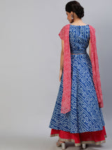 Blue Bandhani Print Lehenga Choli With Attached Dupatta - Elganza