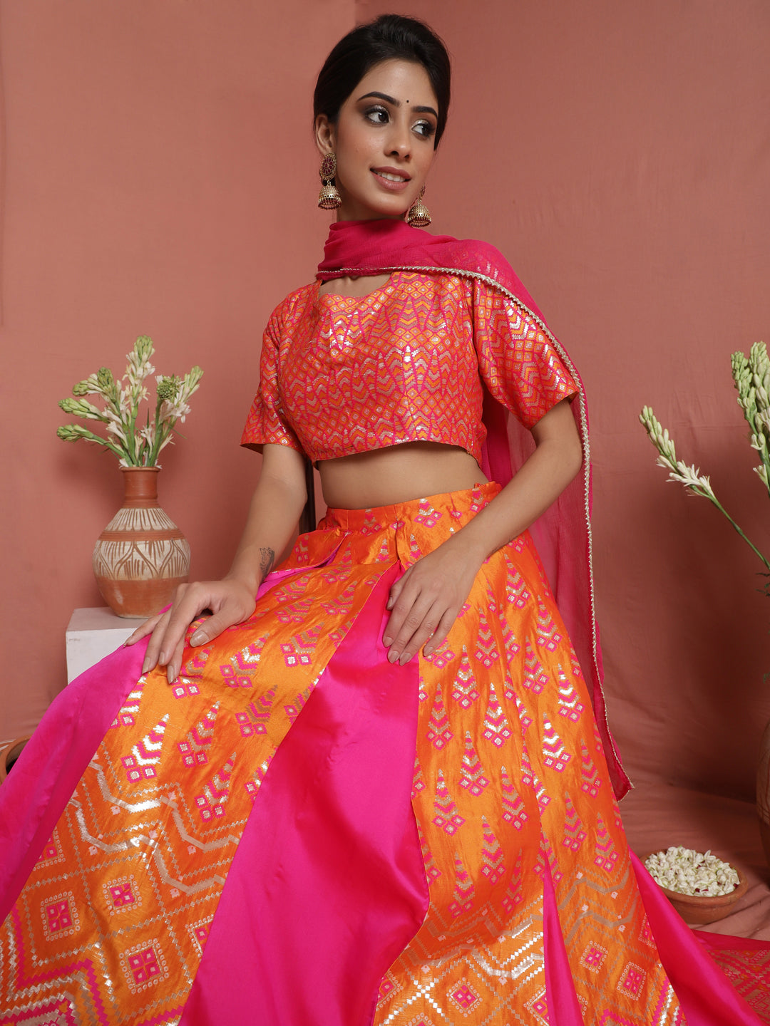 Pink Brocade Lehenga Choli With Dupatta - Elganza