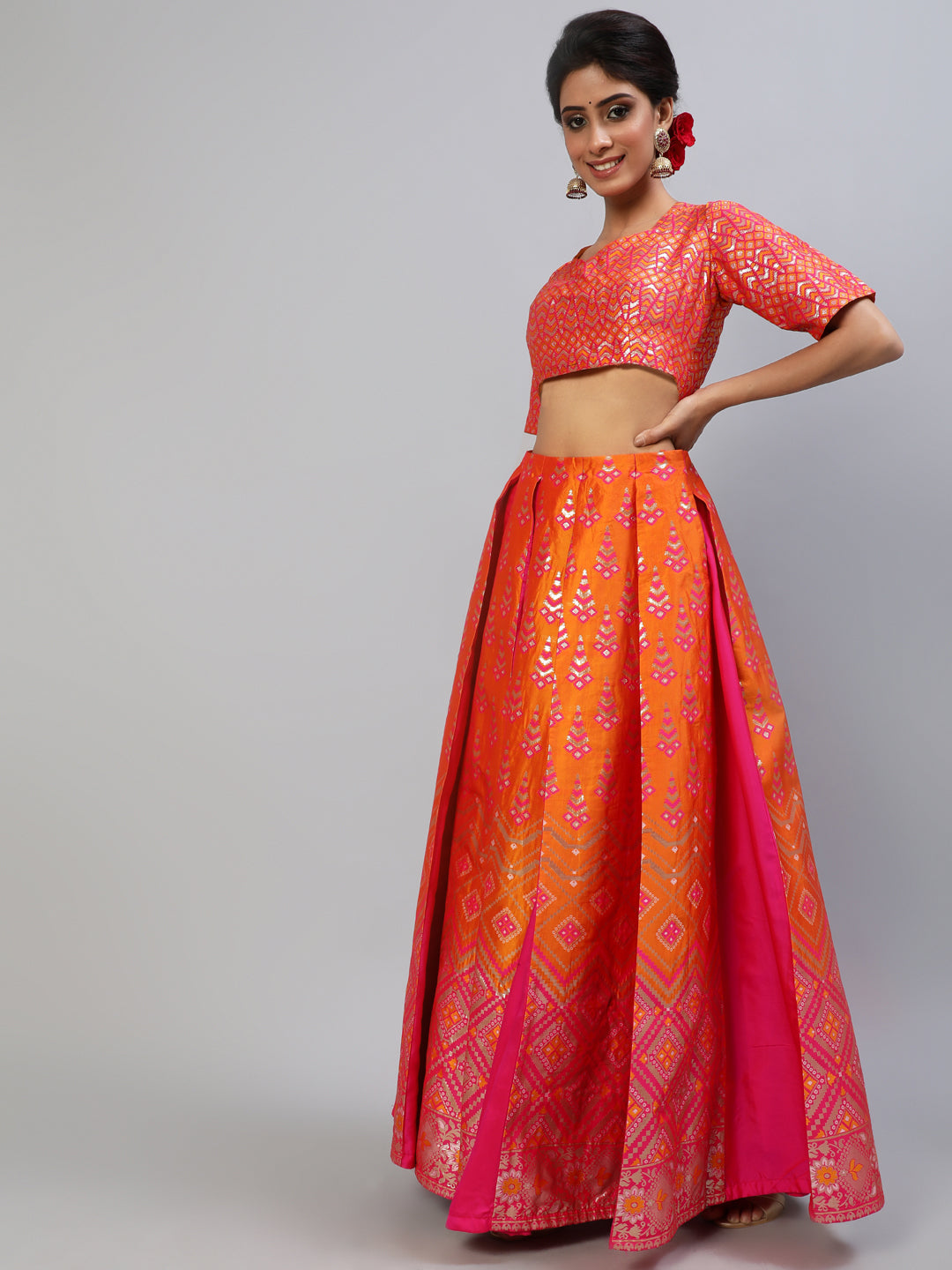 Pink Brocade Lehenga Choli With Dupatta - Elganza