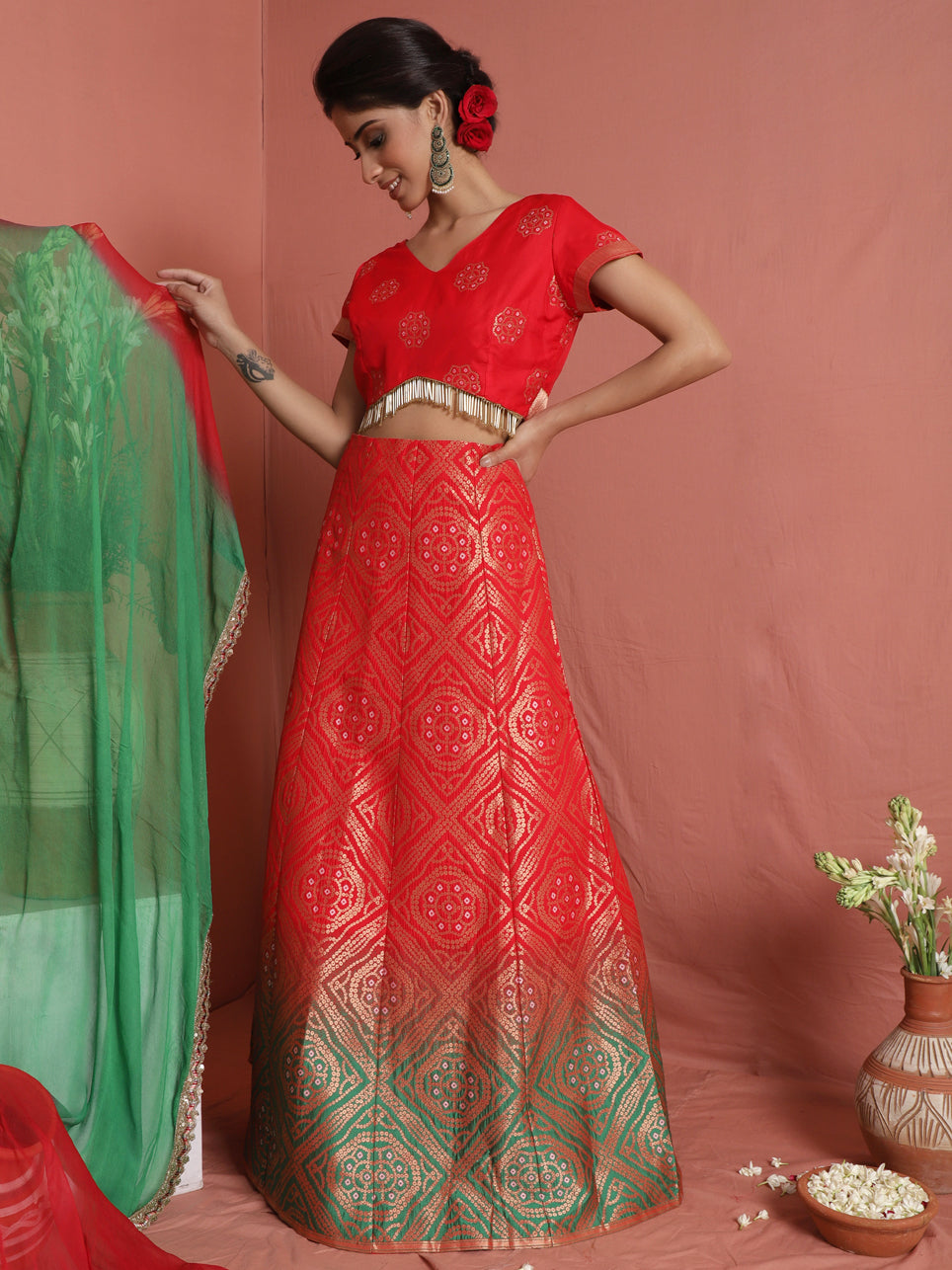 Red Bandhani Print Lehenga Choli With Dupatta - Elganza