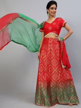 Red Bandhani Print Lehenga Choli With Dupatta - Elganza