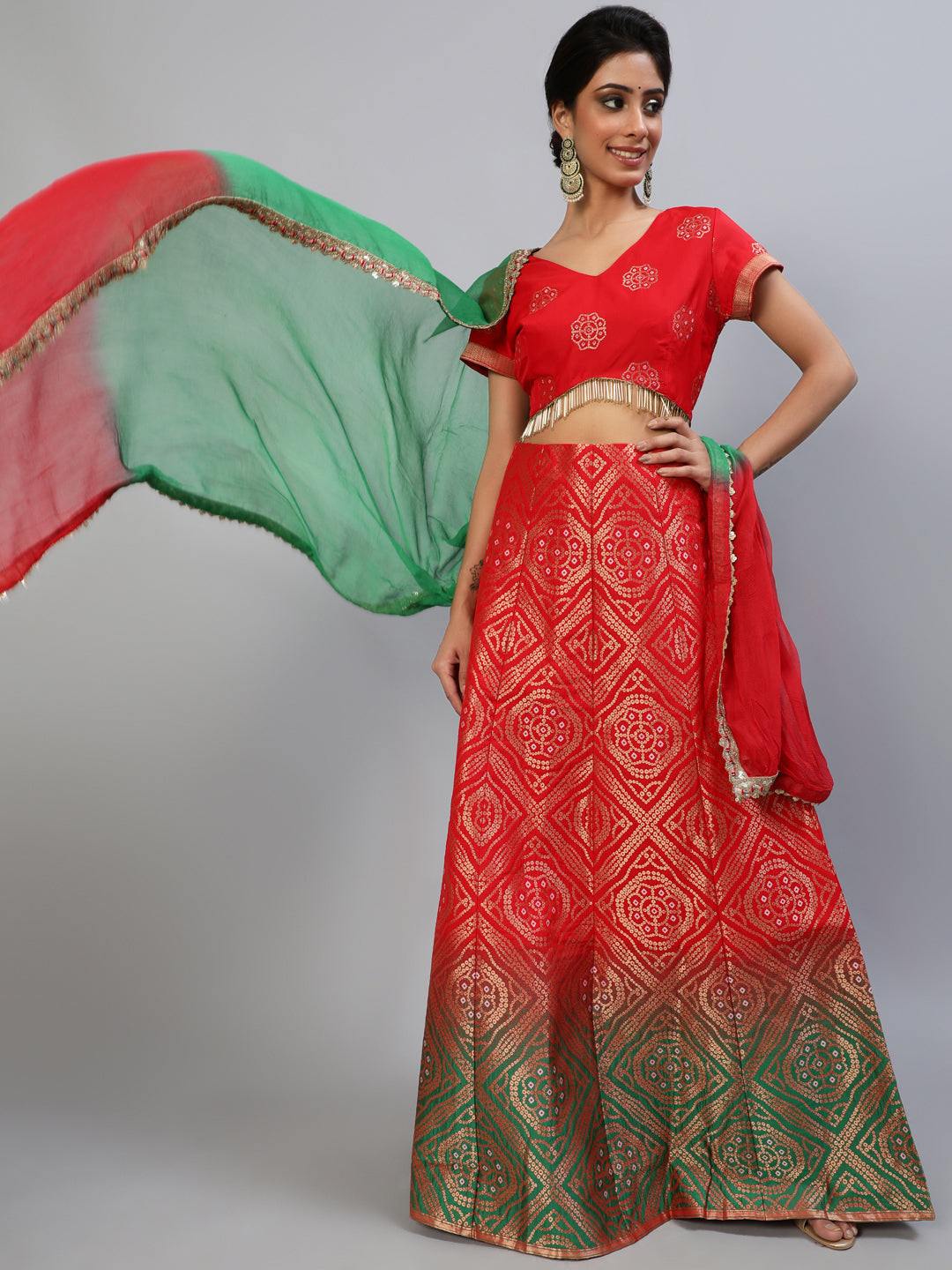 Red Bandhani Print Lehenga Choli With Dupatta - Elganza