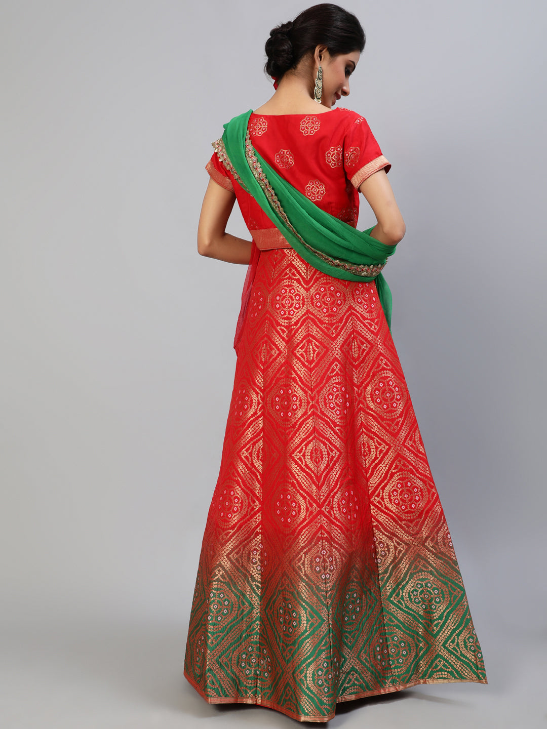 Red Bandhani Print Lehenga Choli With Dupatta - Elganza