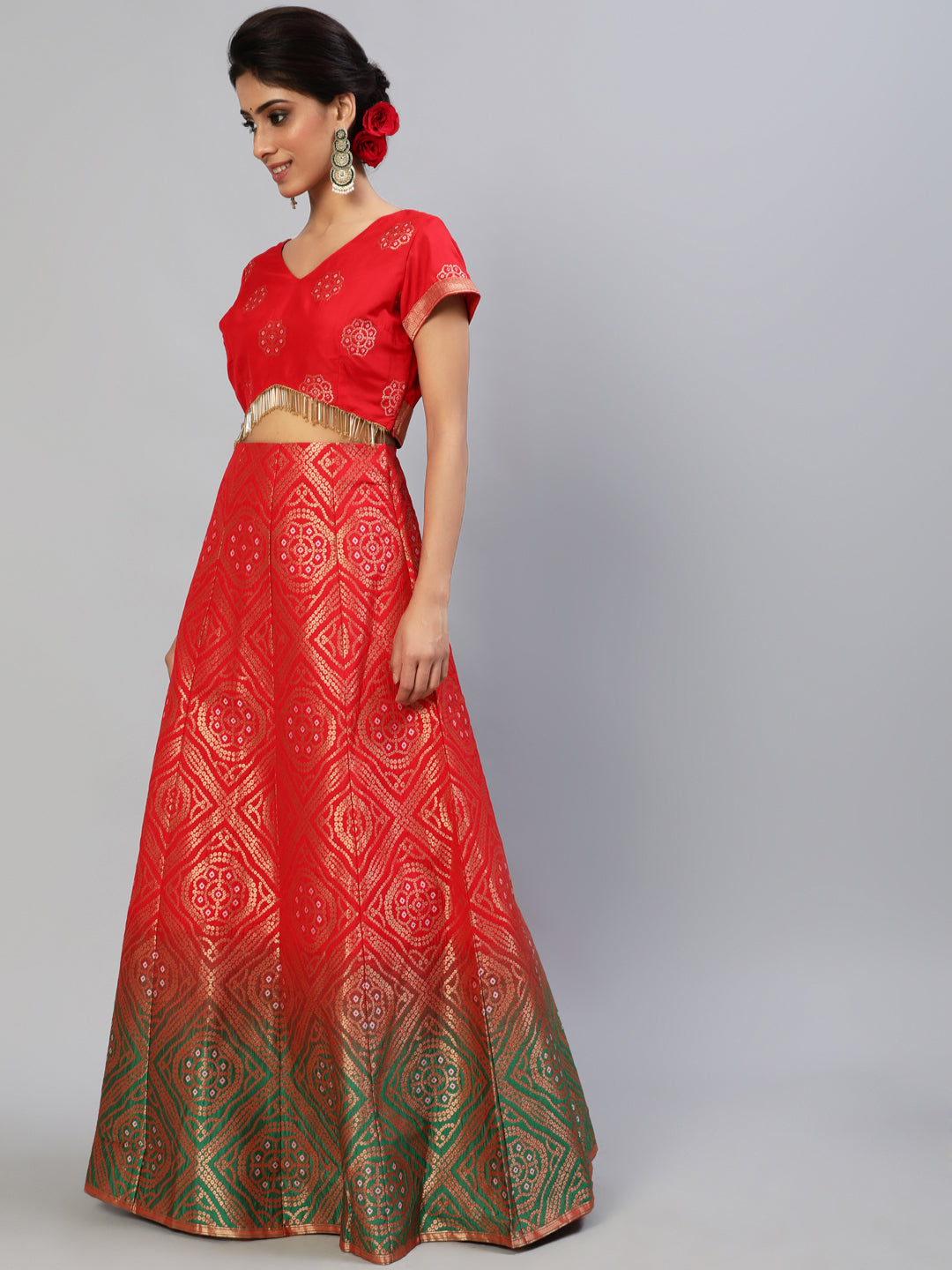 Red Bandhani Print Lehenga Choli With Dupatta - Elganza