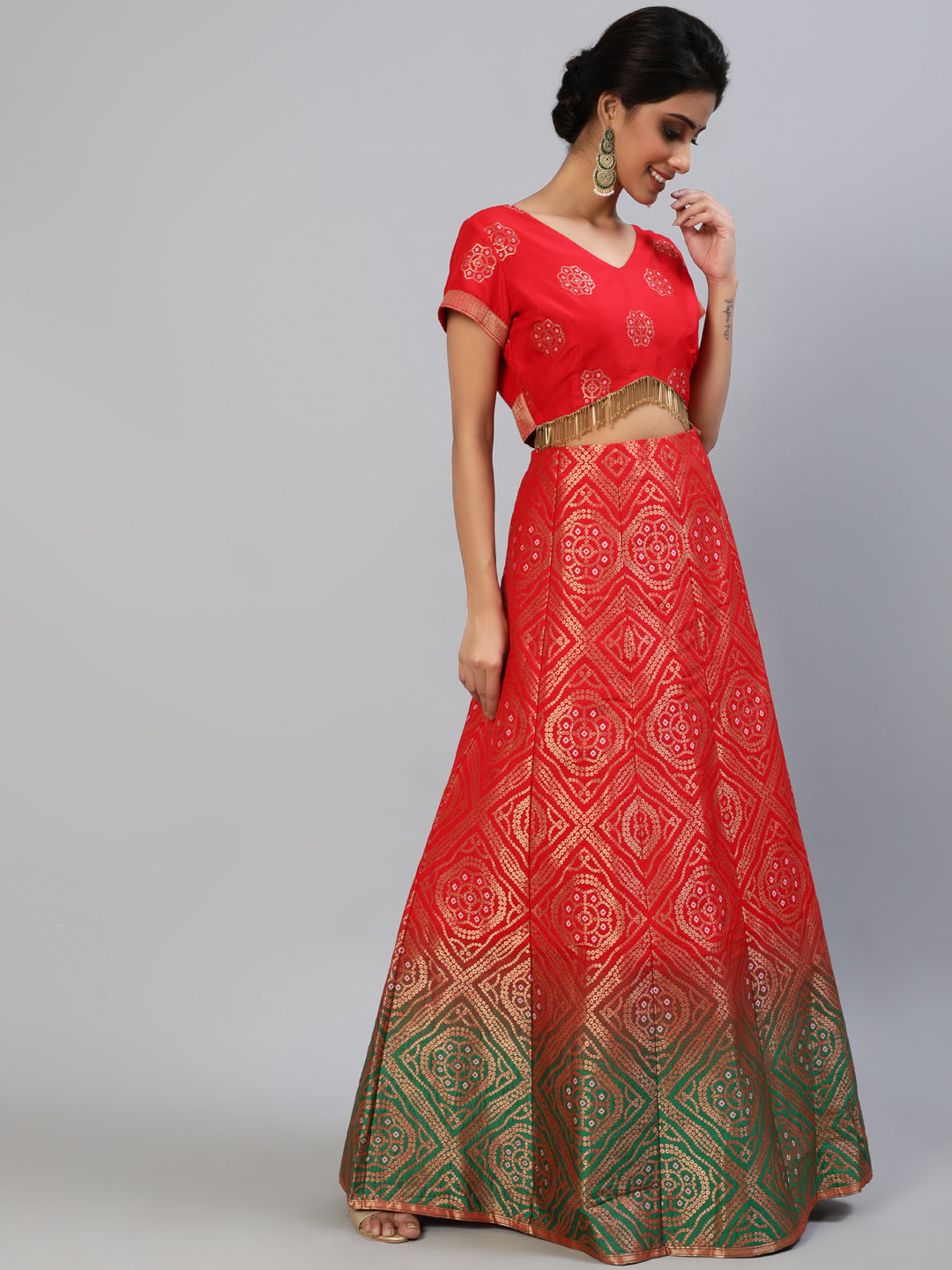Red Bandhani Print Lehenga Choli With Dupatta - Elganza