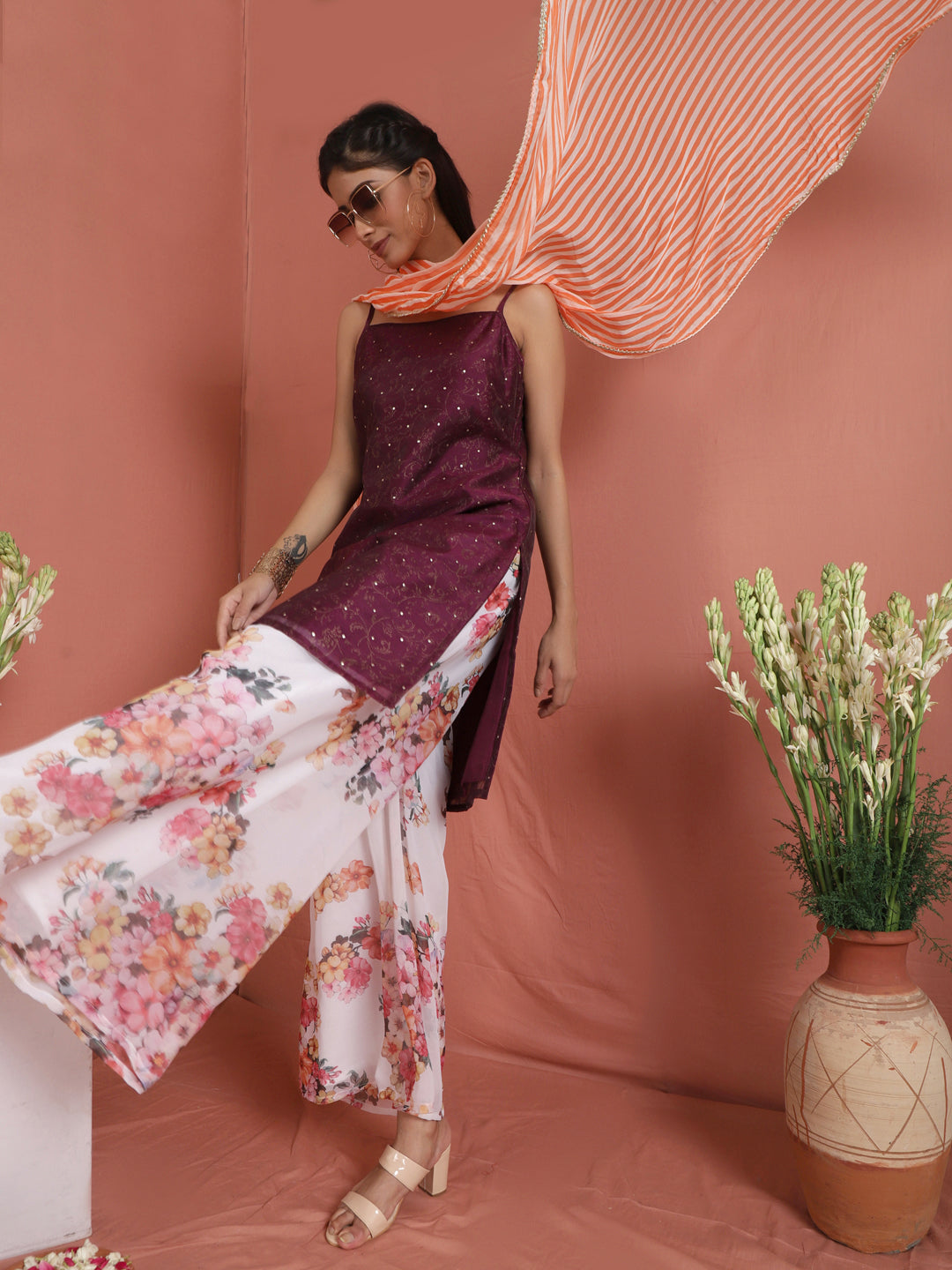 Purple Gold Print Kurta Palazzo With Dupatta - Elganza