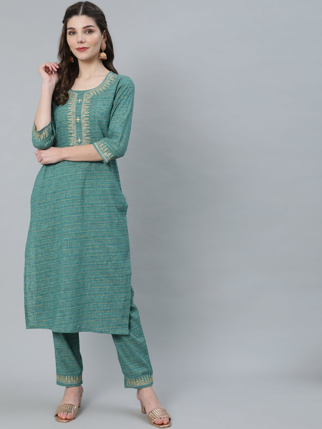 Pastel Blue Striped Embroidered Kurta With Pant - Elganza