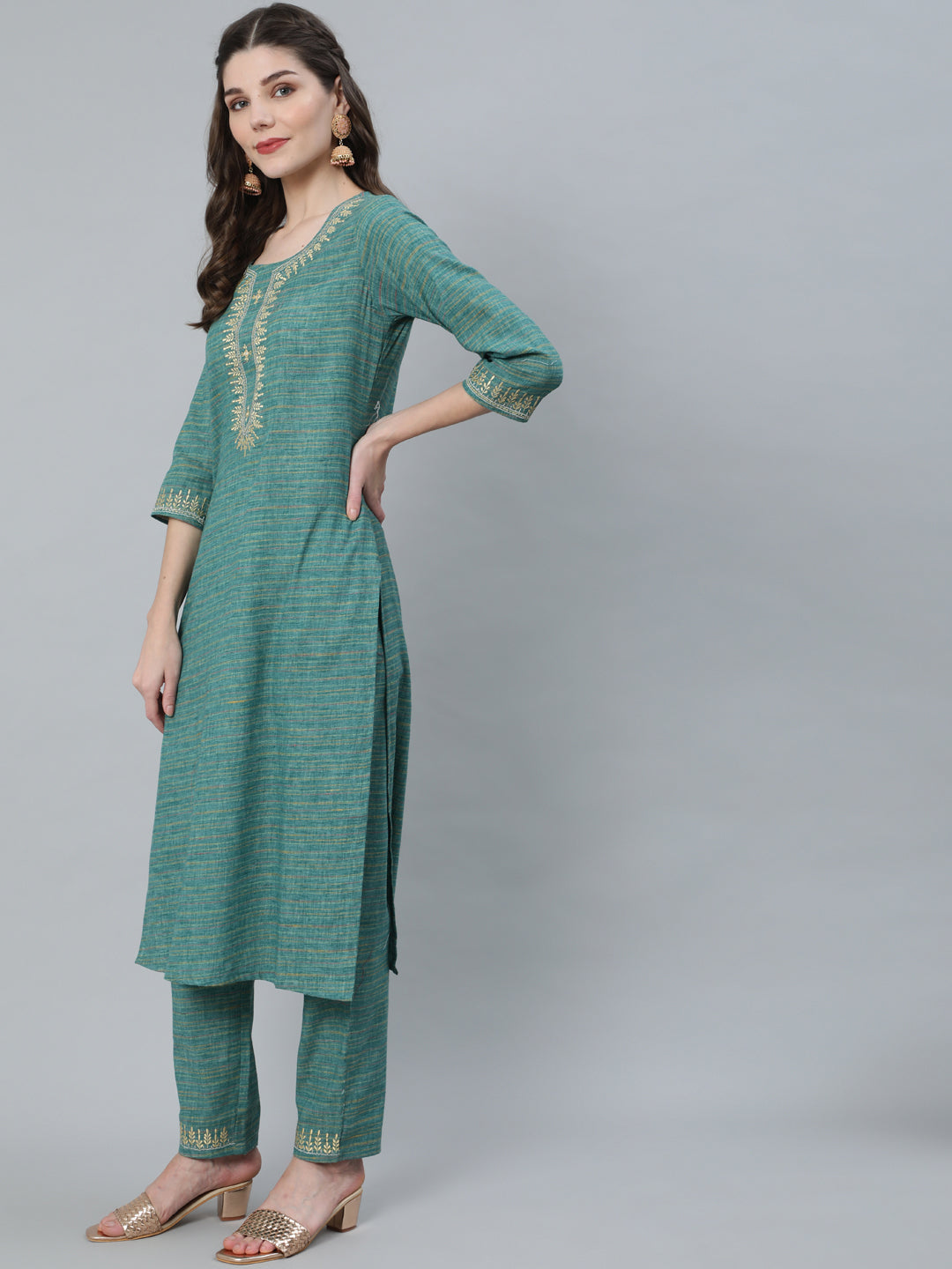 Pastel Blue Striped Embroidered Kurta With Pant - Elganza